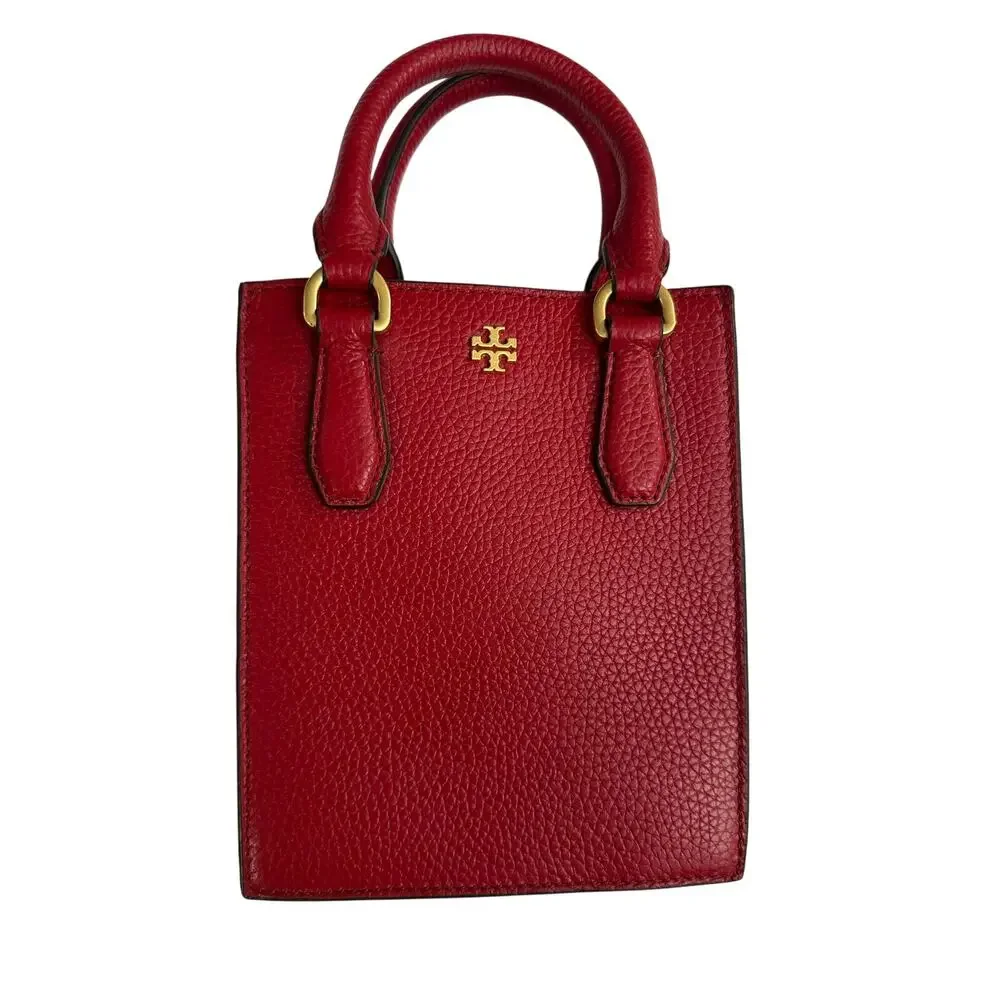 Tory Burch Blake Red Pebbled Leather Mini Shopper Tote Crossbody Shoulder Bag